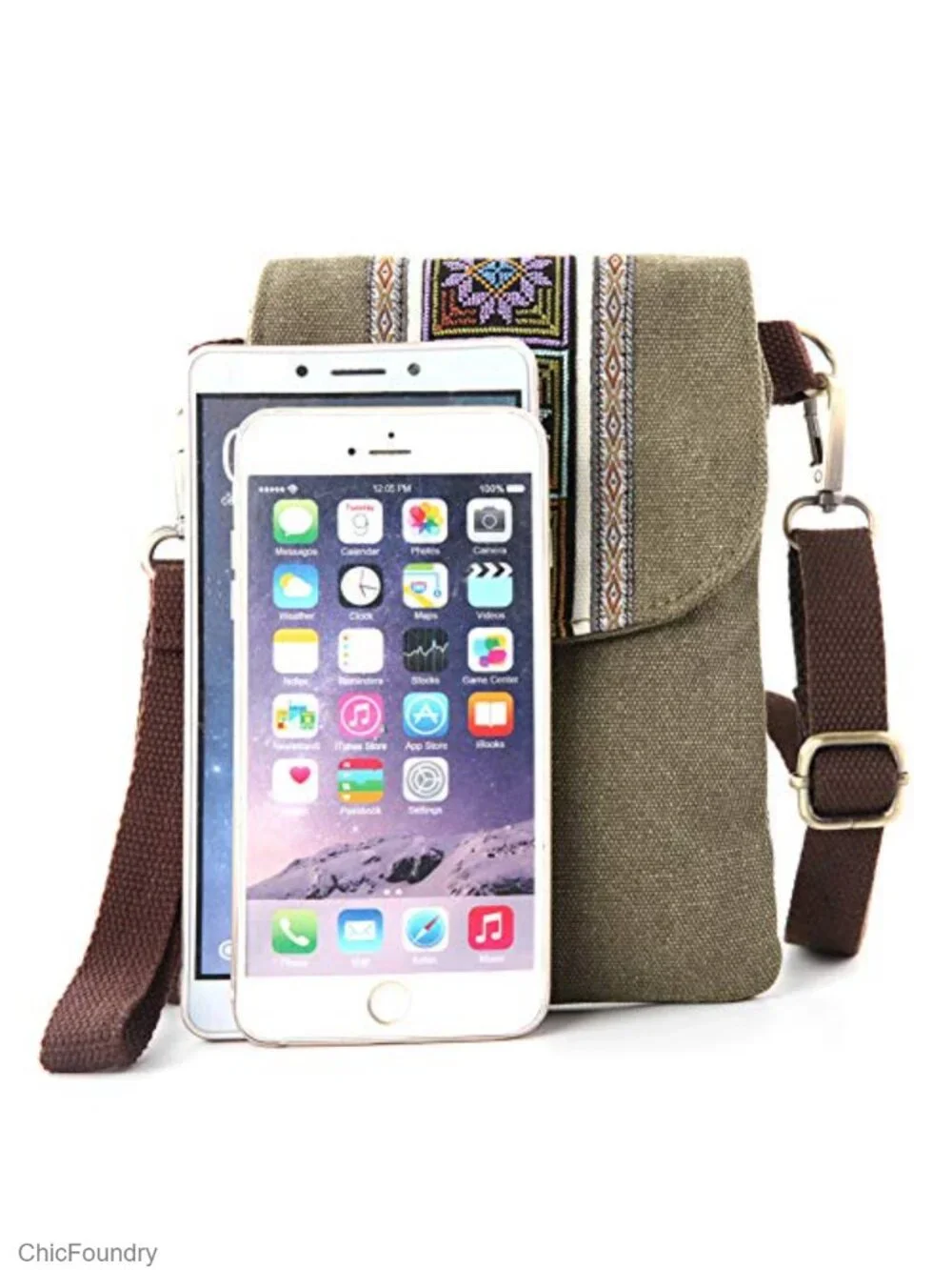 Canvas Embroidered Flip Crossbody Cell Phone Pouch Wristlet Wallet